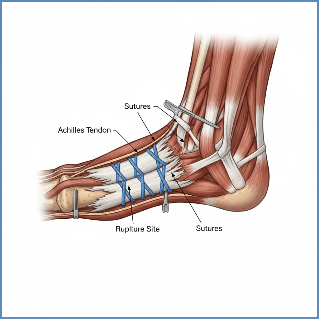 An illustration showing the surgical repair of a ruptured Achilles tendon with sutures.