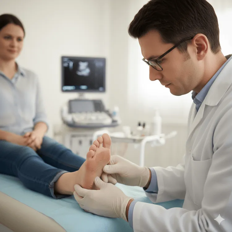 A doctor checking patient's foot having issue therapeutic injection