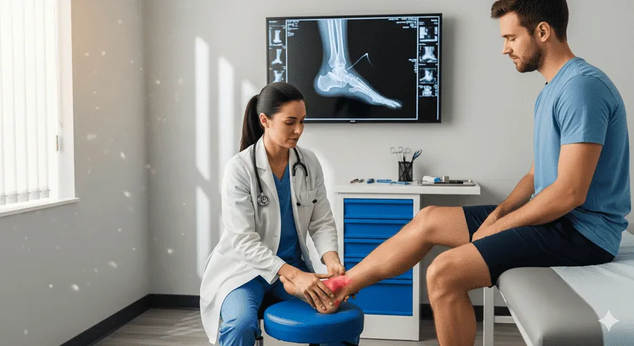 doctor diagnosing a person with a foot and ankle injury
