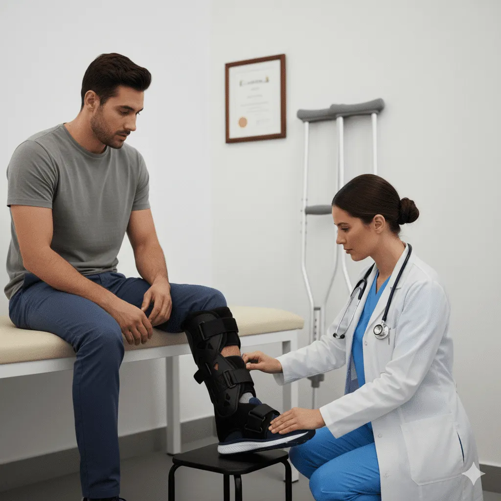 doctor checking a patient with bracing on their foot