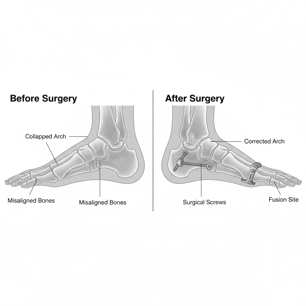  X-rays illustrating the foot before and after flatfoot reconstruction surgery