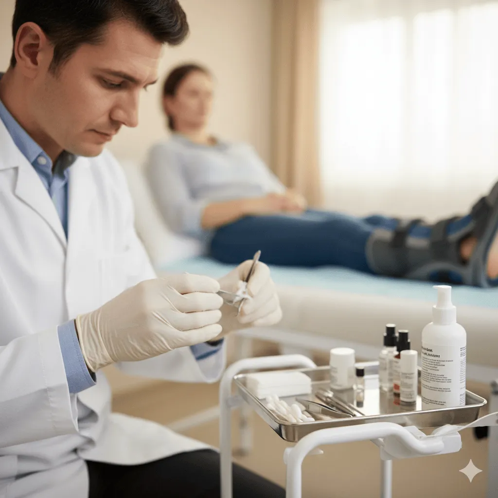 foot doctor treating a patient with foot wound